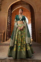 Olive Green Readymade Indian Cotton Silk Lehenga Choli Set for Women With Designer Blouse and Dupatta For Wedding