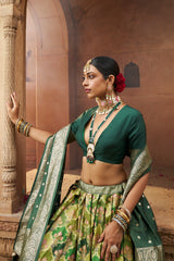 Olive Green Readymade Indian Cotton Silk Lehenga Choli Set for Women With Designer Blouse and Dupatta For Wedding