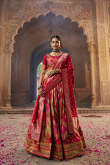 Pinkish Red Readymade Indian Cotton Silk Lehenga Choli Set for Women With Designer Blouse and Dupatta For Wedding