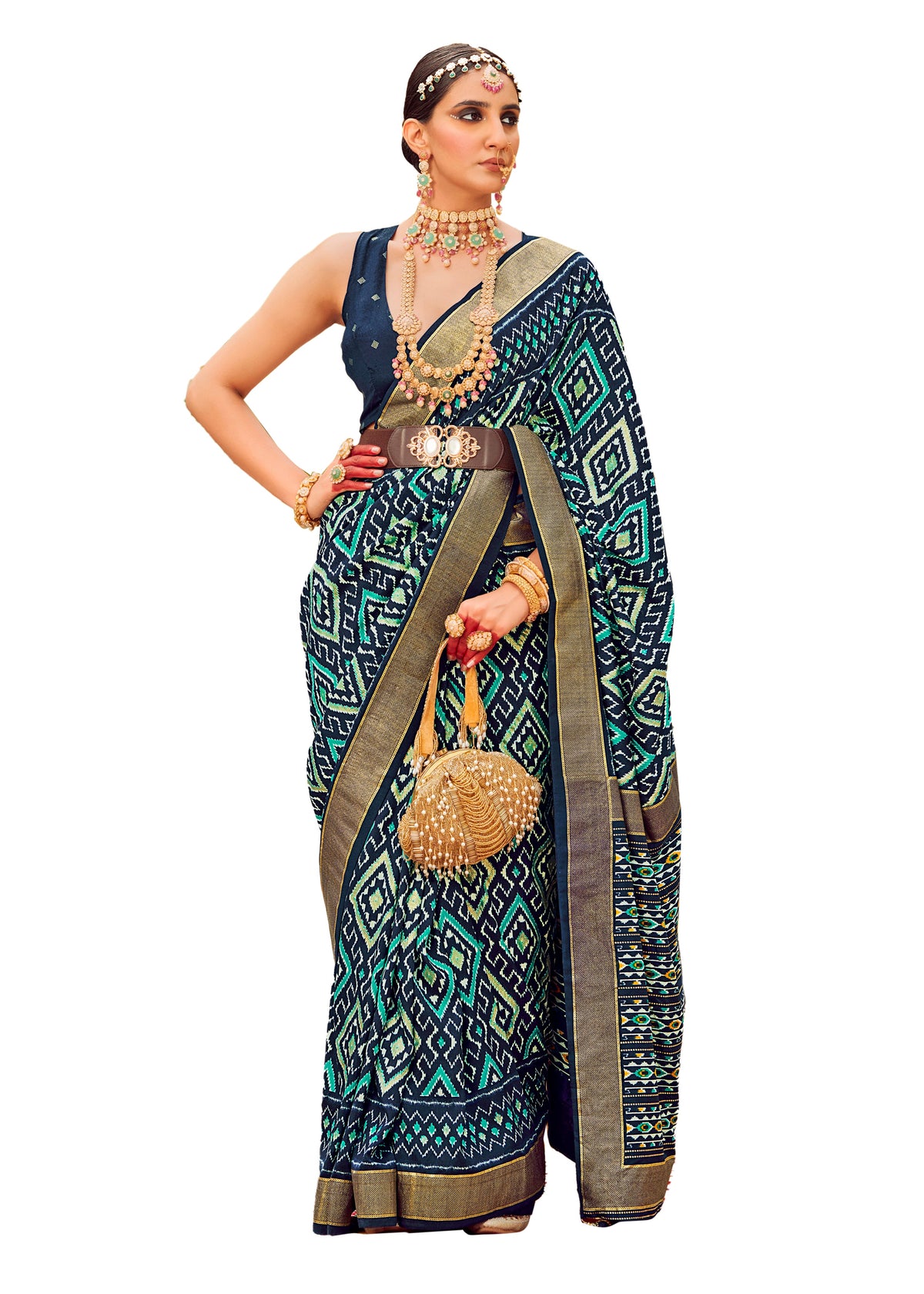 Blue Cotton Silk Chevron Print Saree