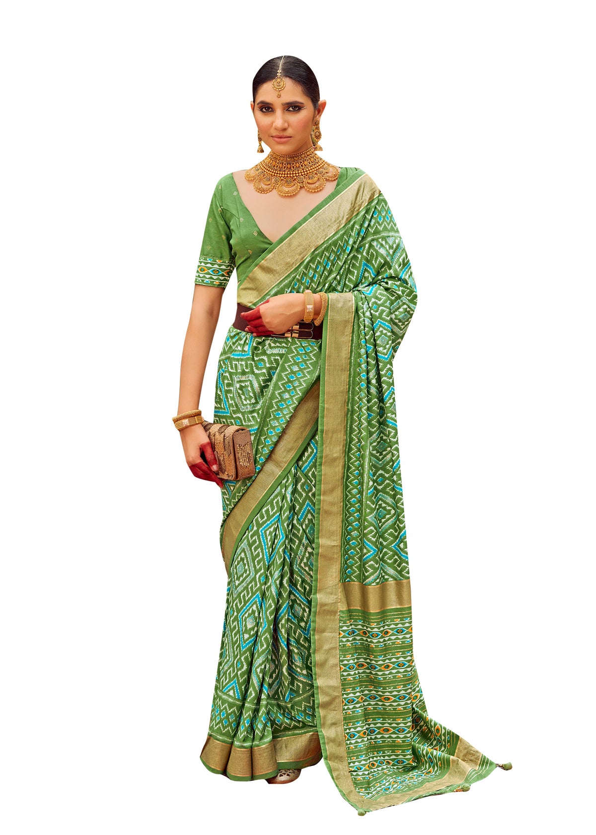 Light Green Cotton Silk Chevron Print Saree