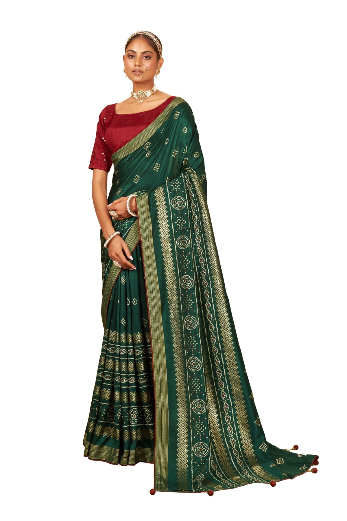 Lunar Green Cotton Silk Bandhani Print Saree