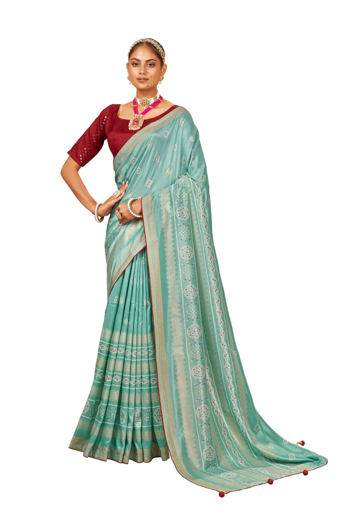 Aqua Blue Cotton Silk Bandhani Print Saree