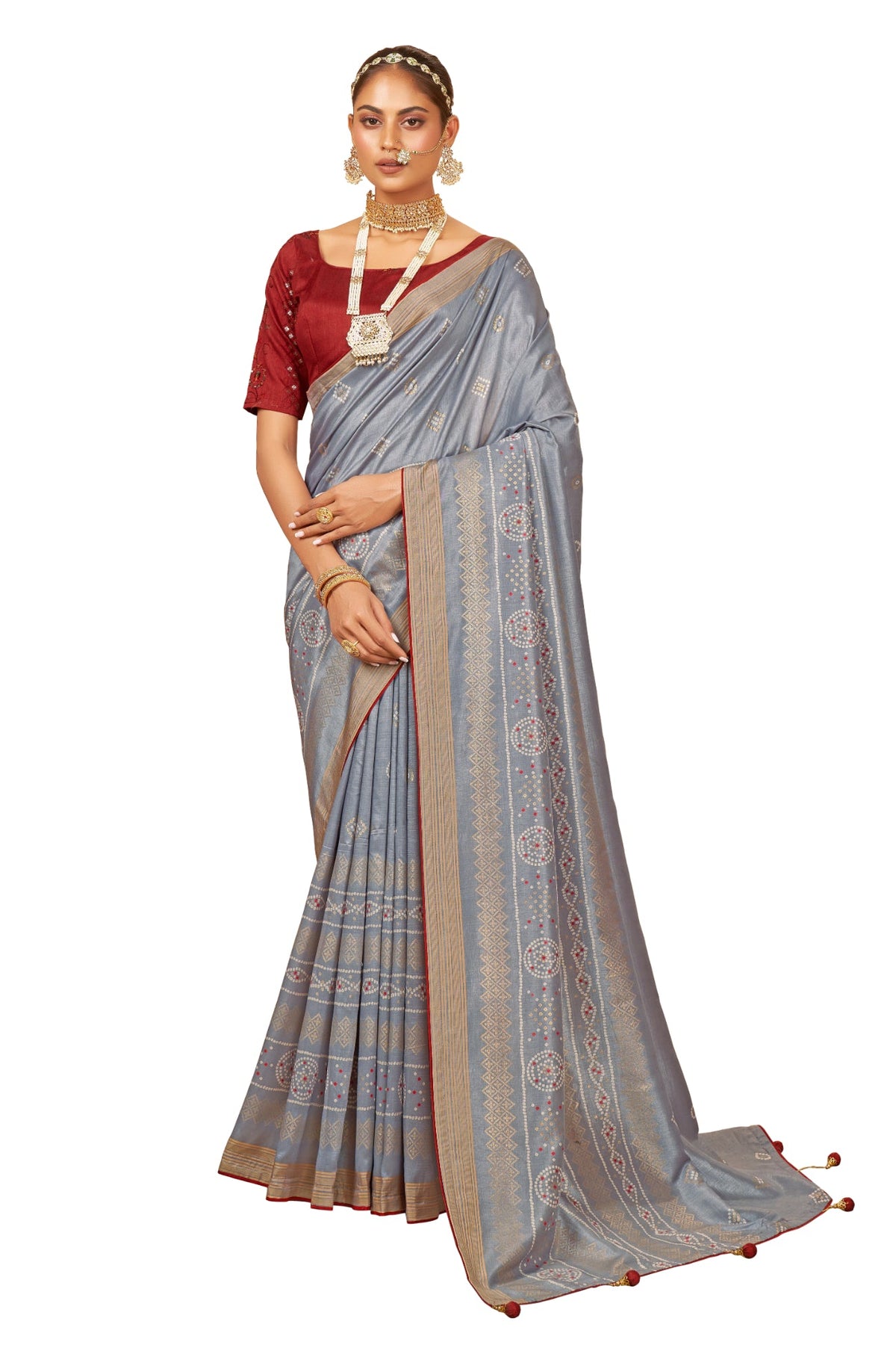 Grey Cotton Silk Bandhani Print Saree