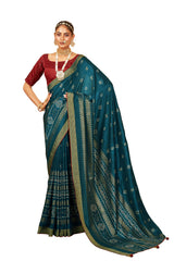 Peacock Blue Cotton Silk Bandhani Print Saree