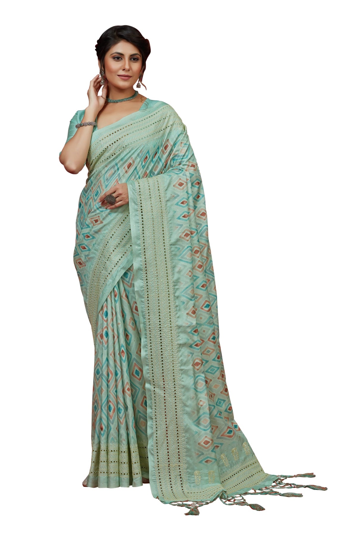 Aqua Blue Cotton Silk Chickankari Embroidery Cut Work Saree