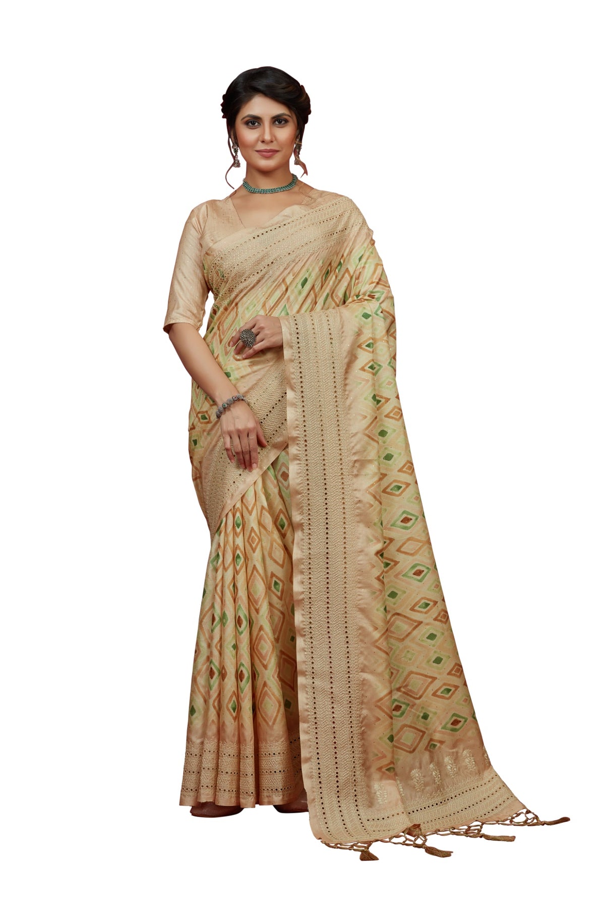 Beige Cotton Silk Chickankari Embroidery Cut Work Saree