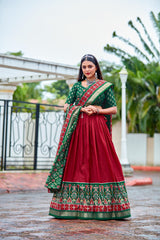 Wine Red Readymade Indian Cotton Silk Lehenga Choli Set for Women With Designer Blouse and Dupatta For Wedding