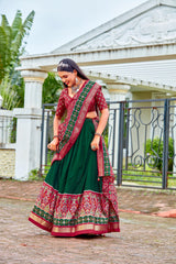 Dark Green Readymade Indian Cotton Silk Lehenga Choli Set for Women With Designer Blouse and Dupatta For Wedding