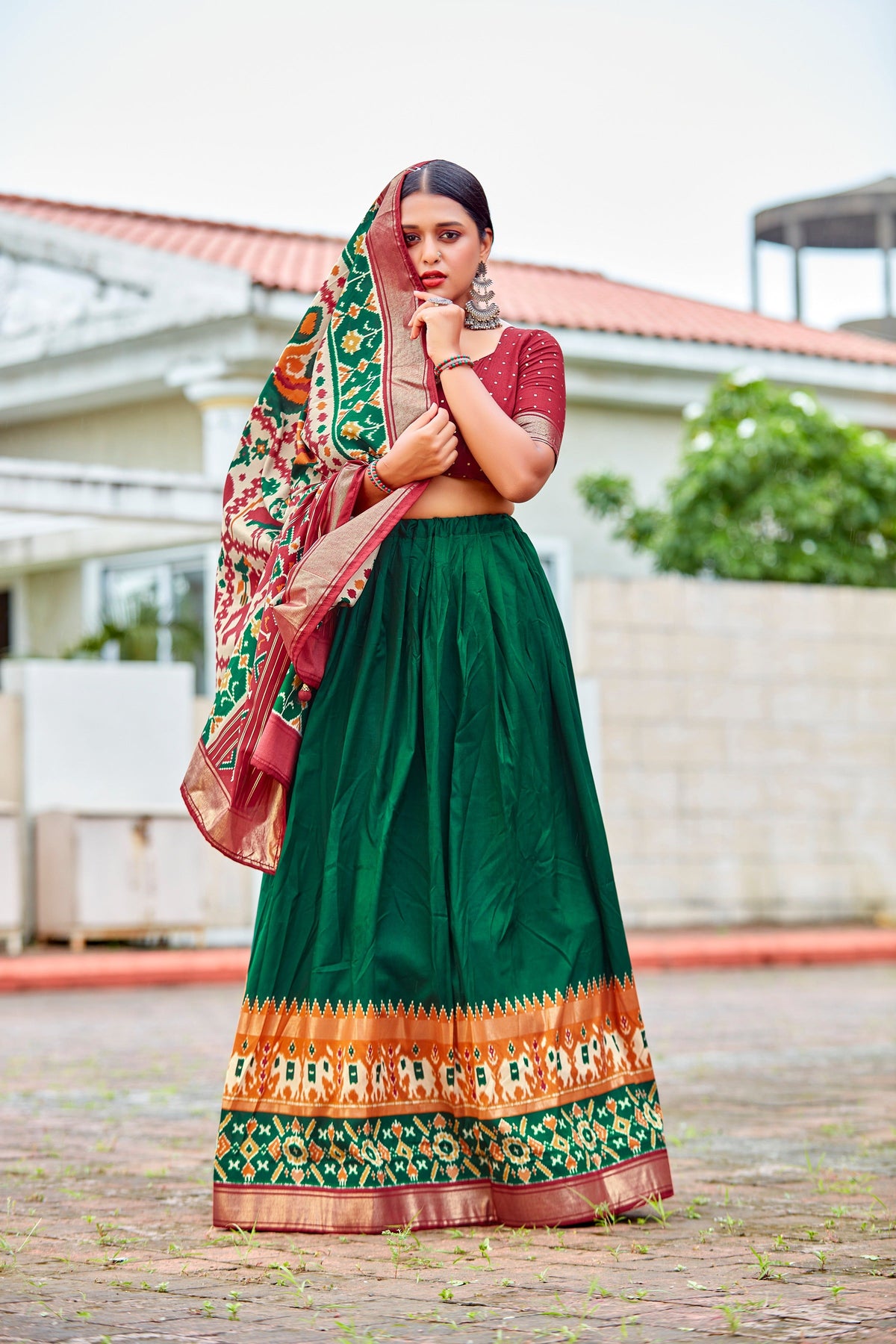 Dark Green Readymade Indian Cotton Silk Lehenga Choli Set for Women With Designer Blouse and Dupatta For Wedding