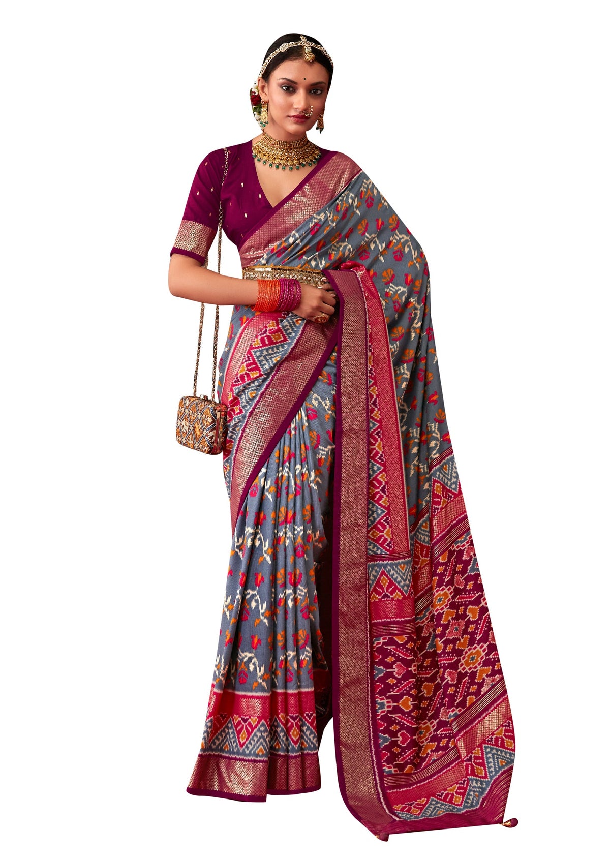 Mid Grey Cotton Silk Ikkat Print Saree