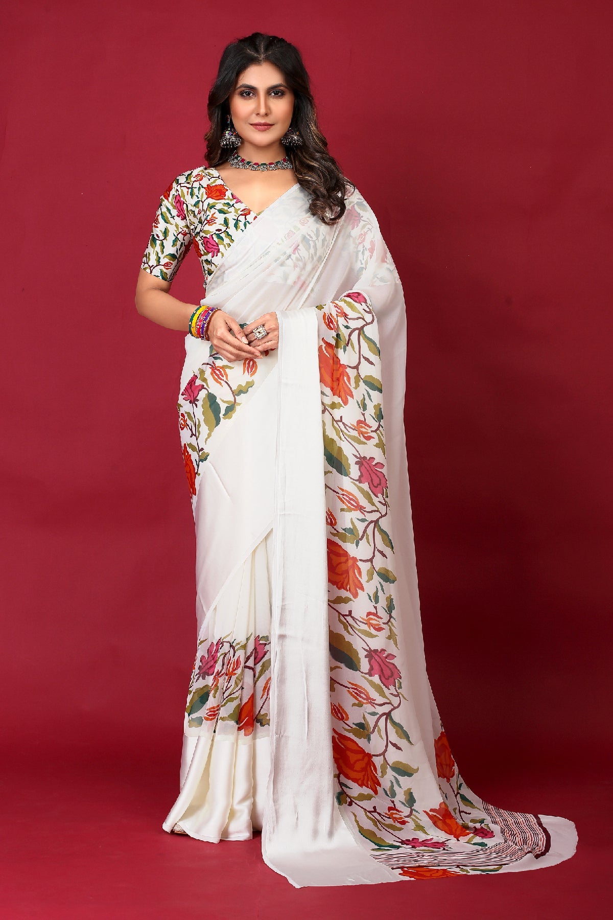 White Georgette Satin Floral Print Saree