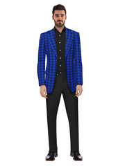 Blue Men's Two Button Dress Party Checks Print Suit Jacket Notched Lapel Slim Fit Stylish Blazer