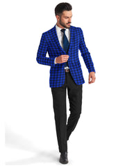 Blue Men's Two Button Dress Party Checks Print Suit Jacket Notched Lapel Slim Fit Stylish Blazer