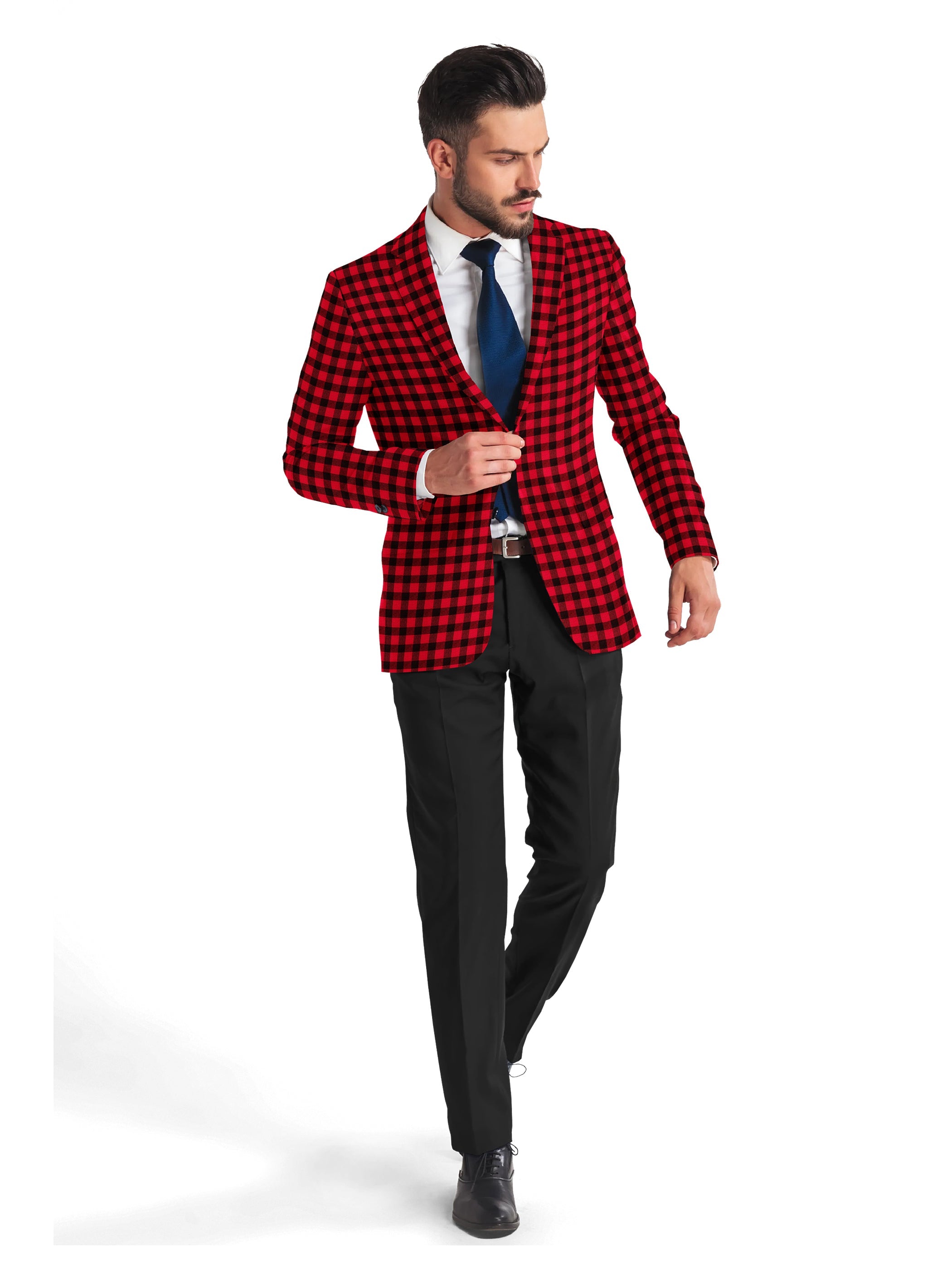 Red Men's Two Button Dress Party Checks Print Suit Jacket Notched Lapel Slim Fit Stylish Blazer