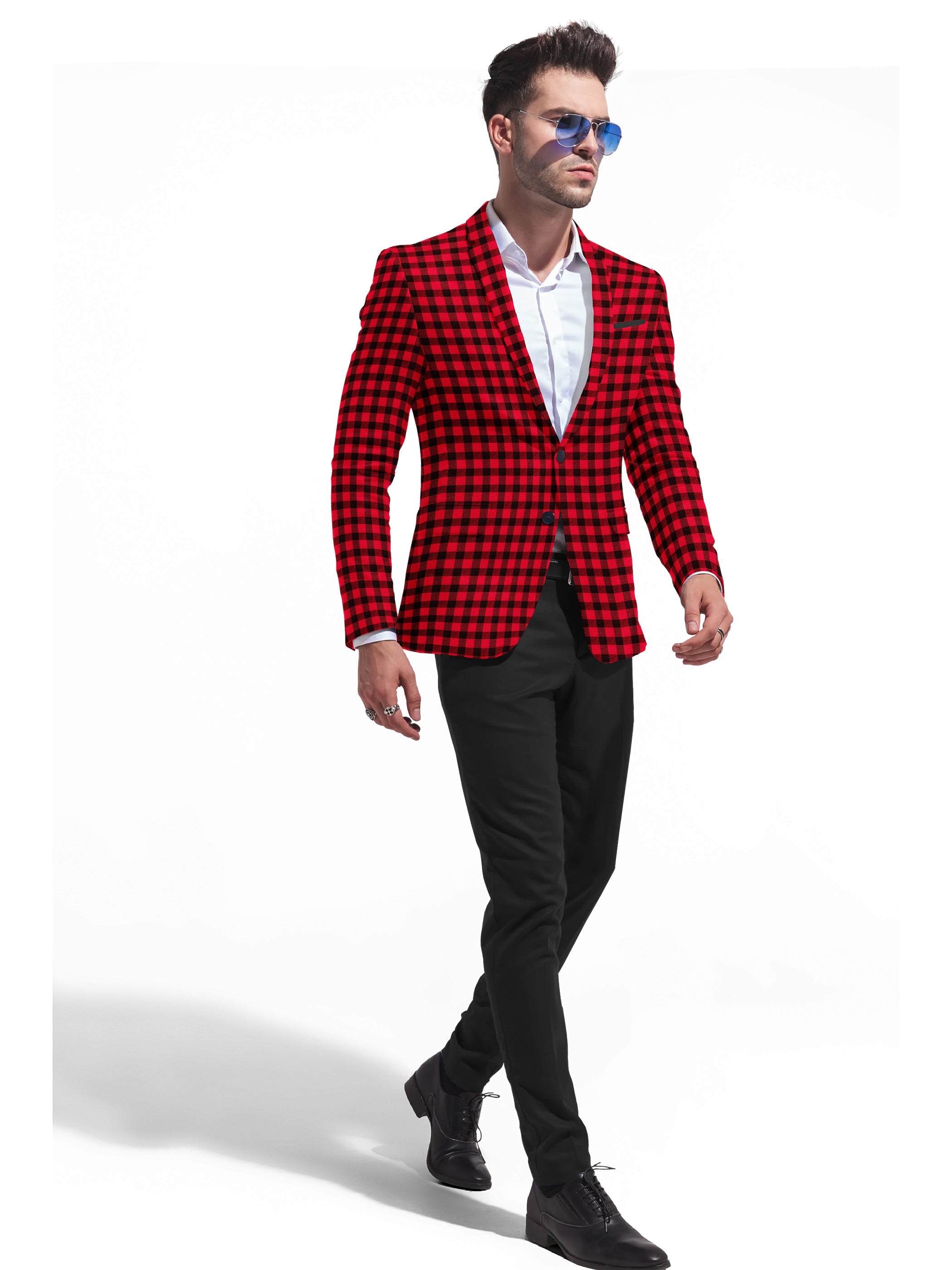 Red Men's Two Button Dress Party Checks Print Suit Jacket Notched Lapel Slim Fit Stylish Blazer