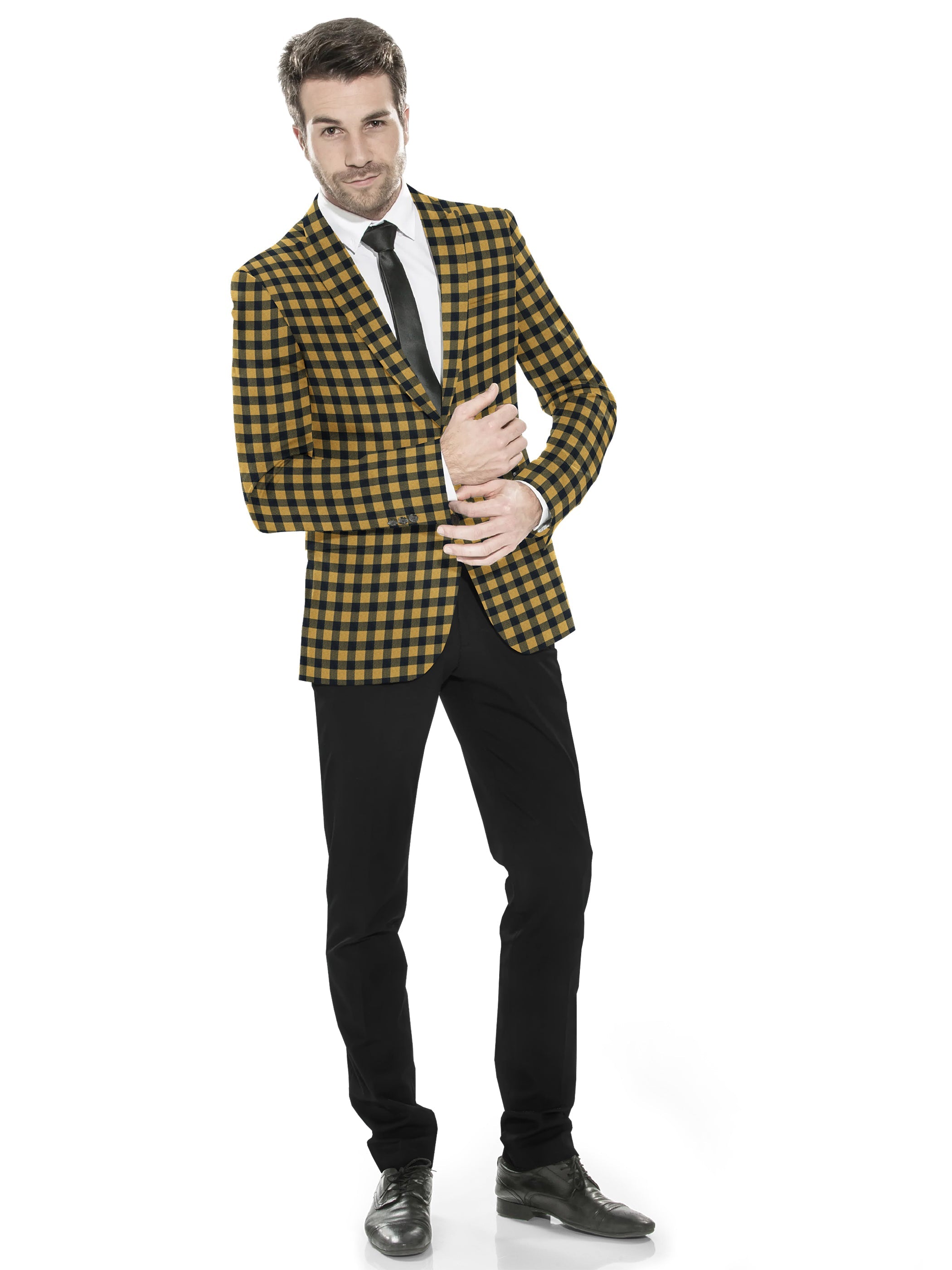 Yellow Men's Two Button Dress Party Checks Print Suit Jacket Notched Lapel Slim Fit Stylish Blazer