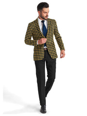 Yellow Men's Two Button Dress Party Checks Print Suit Jacket Notched Lapel Slim Fit Stylish Blazer