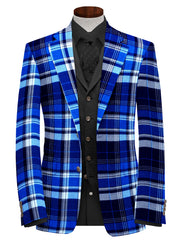 Royal Blue Men's Two Button Dress Party Checks Print Suit Jacket Notched Lapel Slim Fit Stylish Blazer