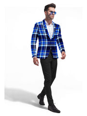 Royal Blue Men's Two Button Dress Party Checks Print Suit Jacket Notched Lapel Slim Fit Stylish Blazer