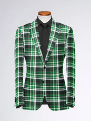 Green Men's Two Button Dress Party Checks Print Suit Jacket Notched Lapel Slim Fit Stylish Blazer