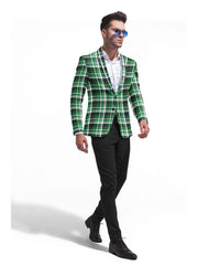 Green Men's Two Button Dress Party Checks Print Suit Jacket Notched Lapel Slim Fit Stylish Blazer