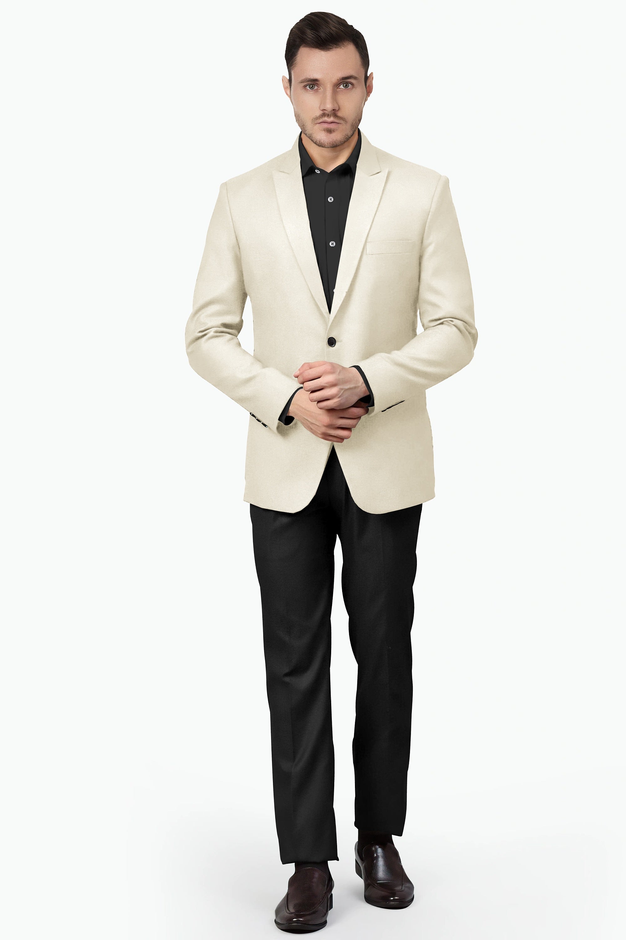 Cream Men's Two Button Dress Party Solid Suit Jacket Notched Lapel Slim Fit Stylish Blazer