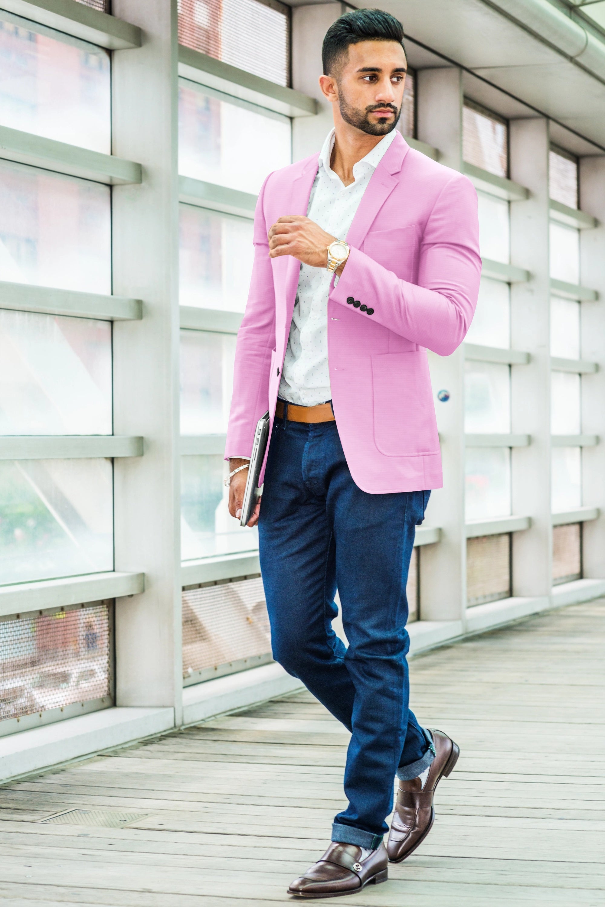 Pink Men's Two Button Dress Party Solid Suit Jacket Notched Lapel Slim Fit Stylish Blazer