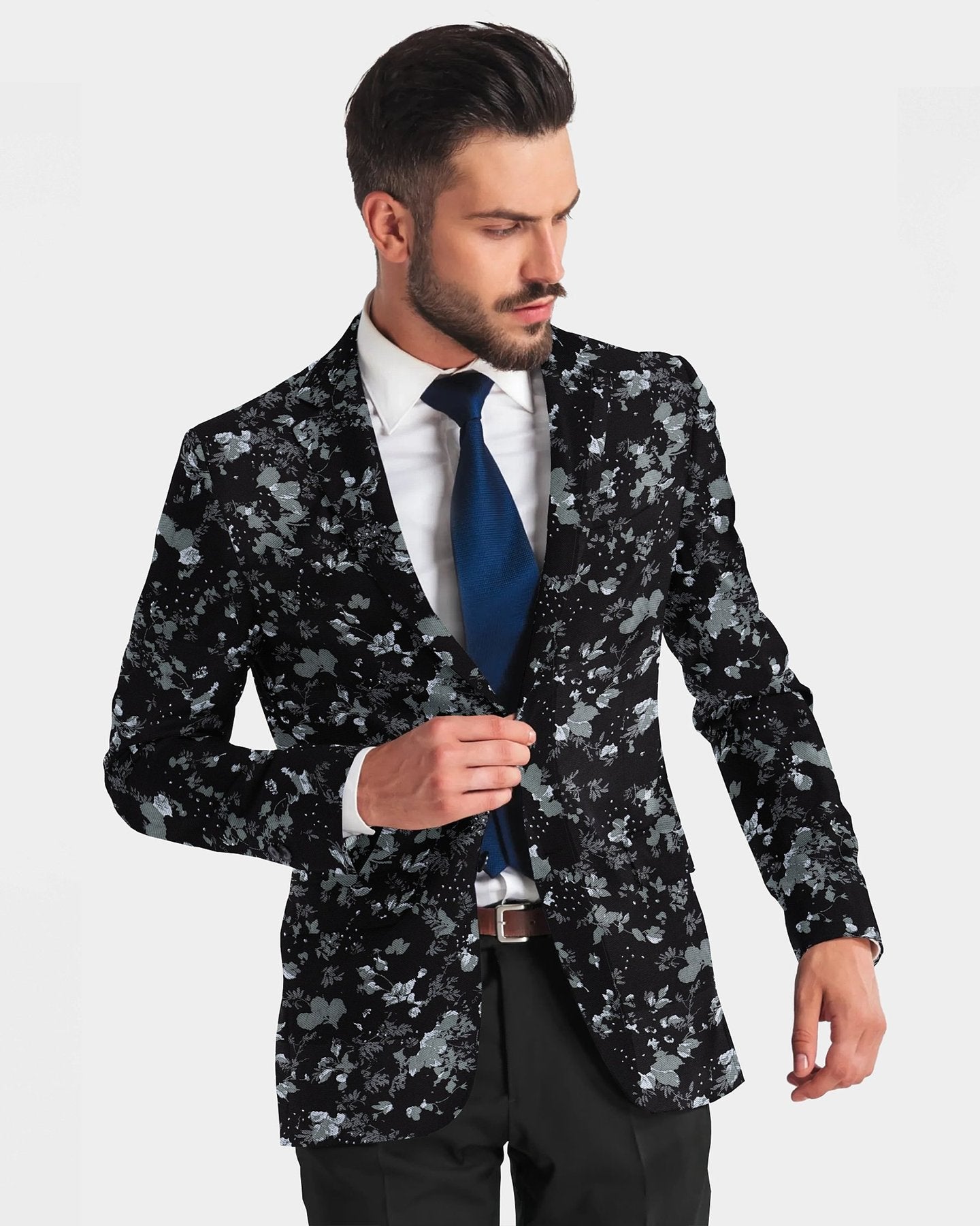 Black Men's Two Button Dress Party Floral Print Suit Jacket Notched Lapel Slim Fit Stylish Blazer