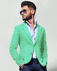 Green Men's Two Button Dress Party Stripe Print Suit Jacket Notched Lapel Slim Fit Stylish Blazer