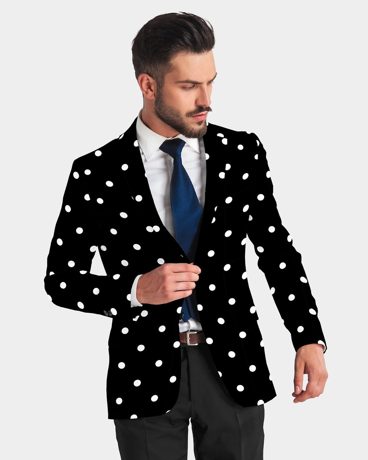 Black Men's Two Button Dress Party Polka Dot Print Suit Jacket Notched Lapel Slim Fit Stylish Blazer