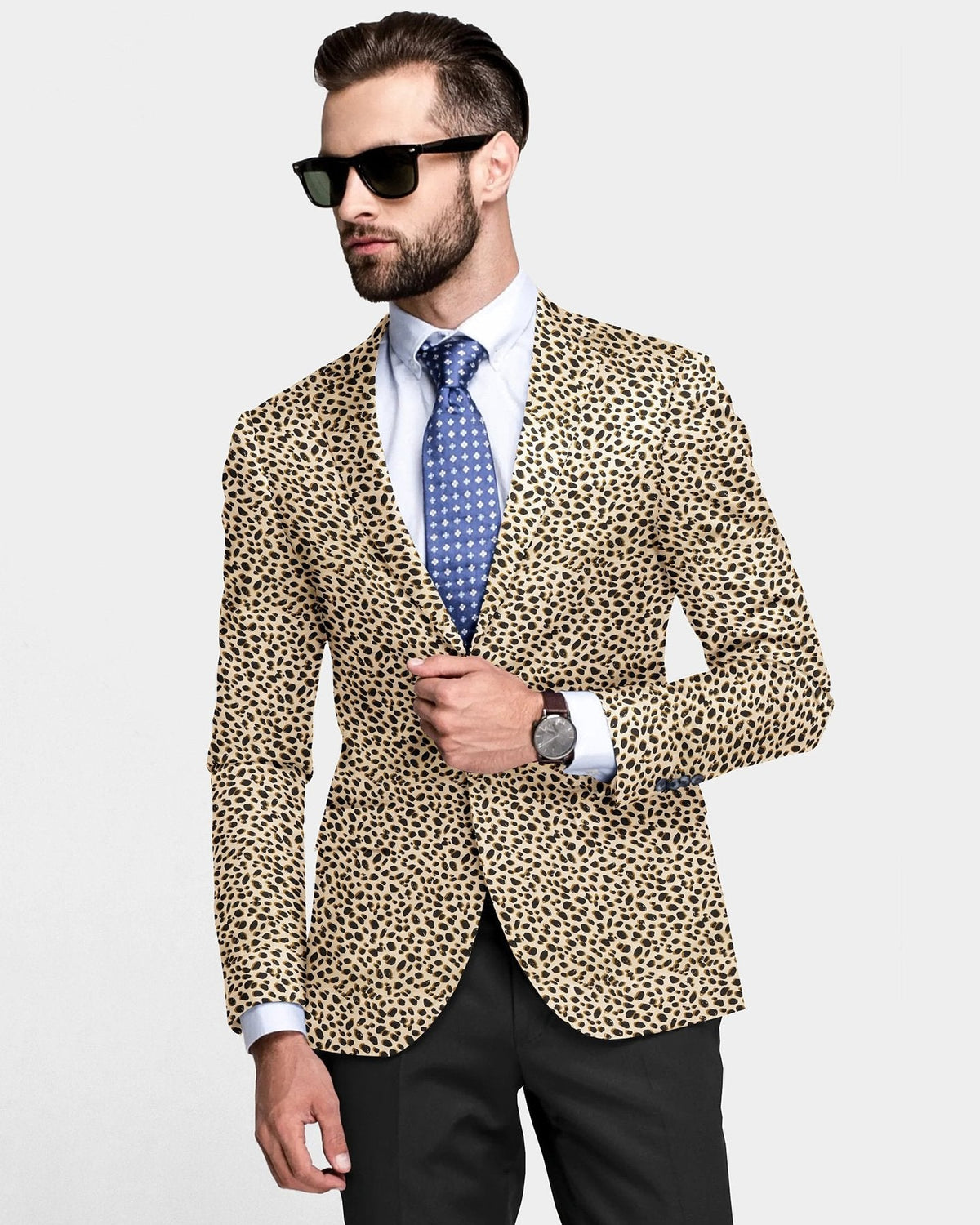 Cream Men's Two Button Dress Party Leopard Print Suit Jacket Notched Lapel Slim Fit Stylish Blazer