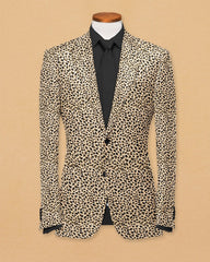 Cream Men's Two Button Dress Party Leopard Print Suit Jacket Notched Lapel Slim Fit Stylish Blazer