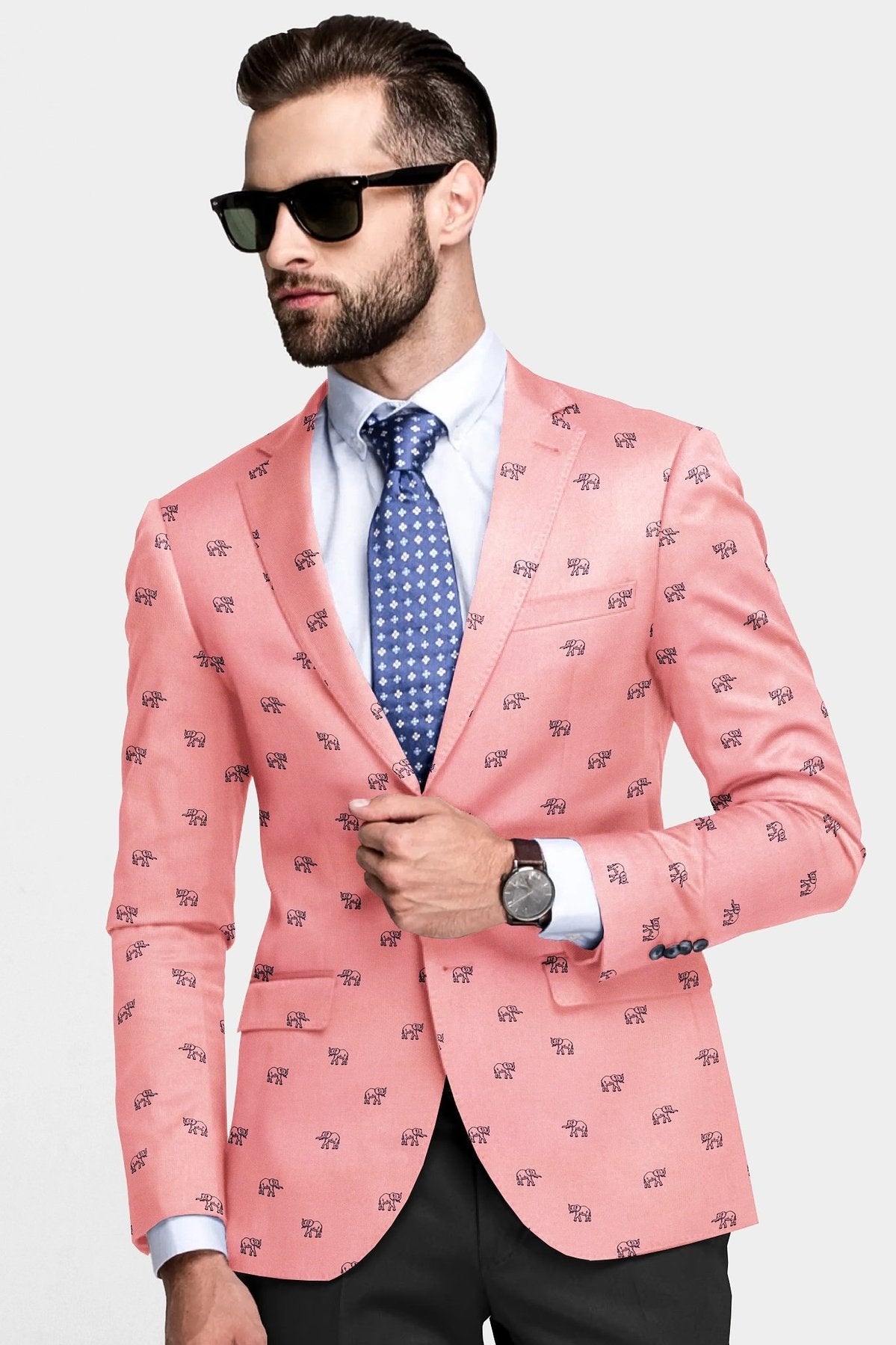 Peach Men's Two Button Dress Party Elephant Print Suit Jacket Notched Lapel Slim Fit Stylish Blazer