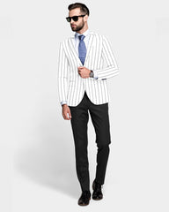 White Men's Two Button Dress Party Stripe Print Suit Jacket Notched Lapel Slim Fit Stylish Blazer