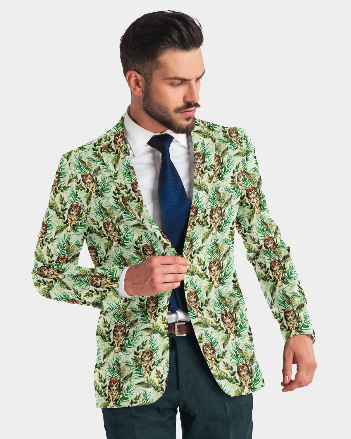 Green Men's Two Button Dress Party Leaf Print Suit Jacket Notched Lapel Slim Fit Stylish Blazer