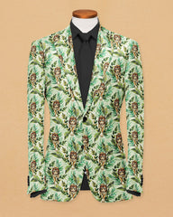 Green Men's Two Button Dress Party Leaf Print Suit Jacket Notched Lapel Slim Fit Stylish Blazer