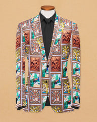 Multi Men's Two Button Dress Party Peacock Print Suit Jacket Notched Lapel Slim Fit Stylish Blazer