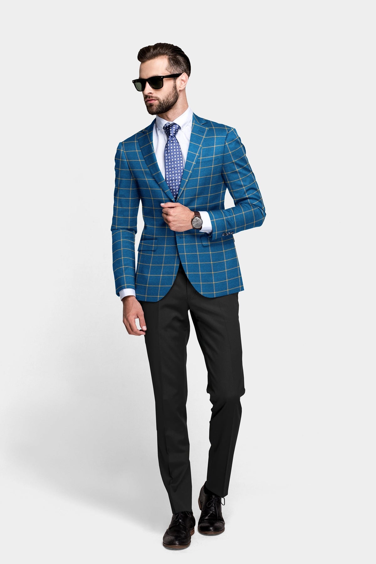 Blue Men's Two Button Dress Party Checks Print Suit Jacket Notched Lapel Slim Fit Stylish Blazer