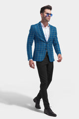 Blue Men's Two Button Dress Party Checks Print Suit Jacket Notched Lapel Slim Fit Stylish Blazer