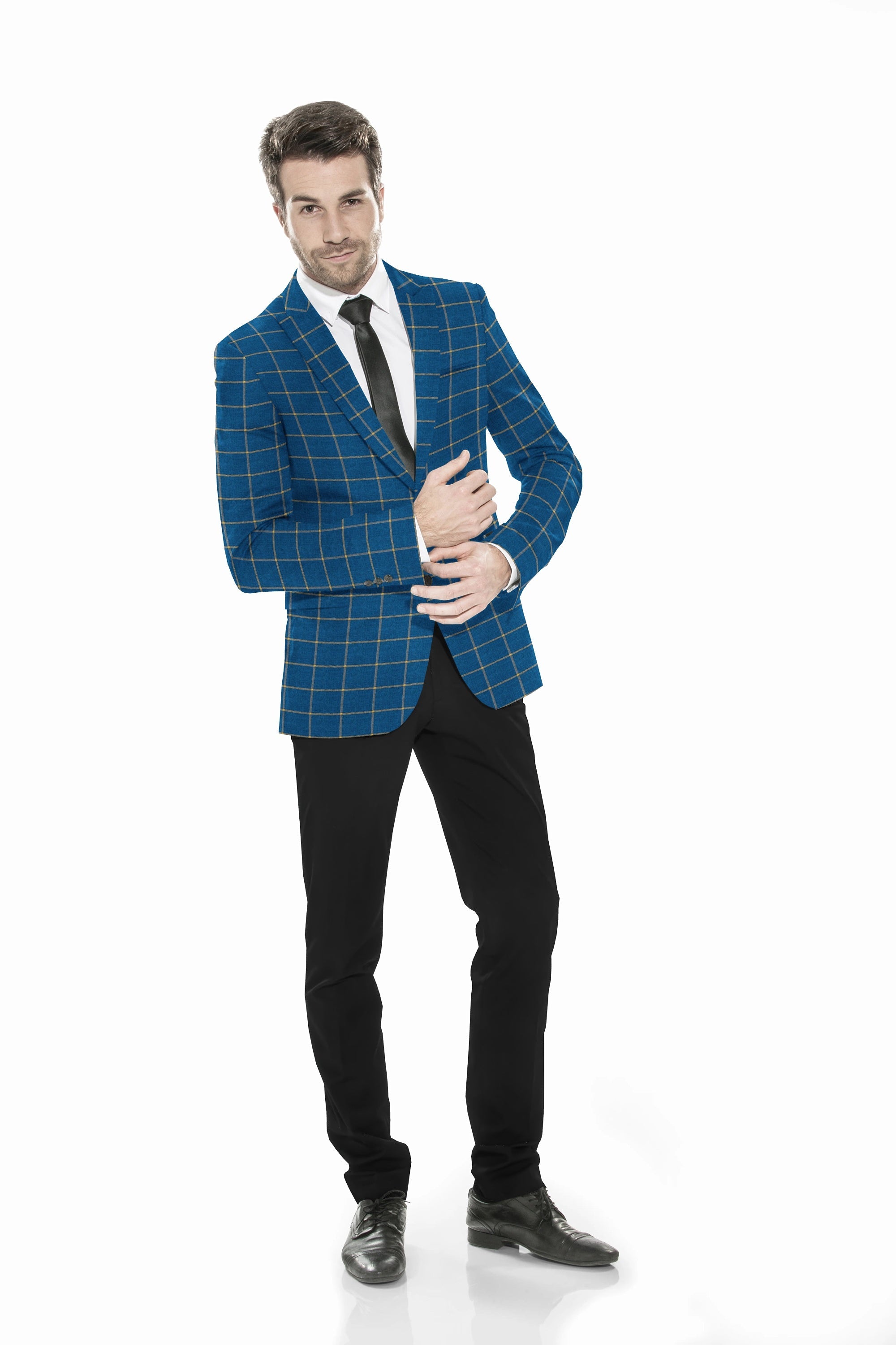 Blue Men's Two Button Dress Party Checks Print Suit Jacket Notched Lapel Slim Fit Stylish Blazer