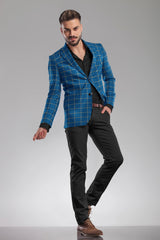 Blue Men's Two Button Dress Party Checks Print Suit Jacket Notched Lapel Slim Fit Stylish Blazer