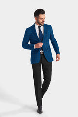 Blue Men's Two Button Dress Party Checks Print Suit Jacket Notched Lapel Slim Fit Stylish Blazer