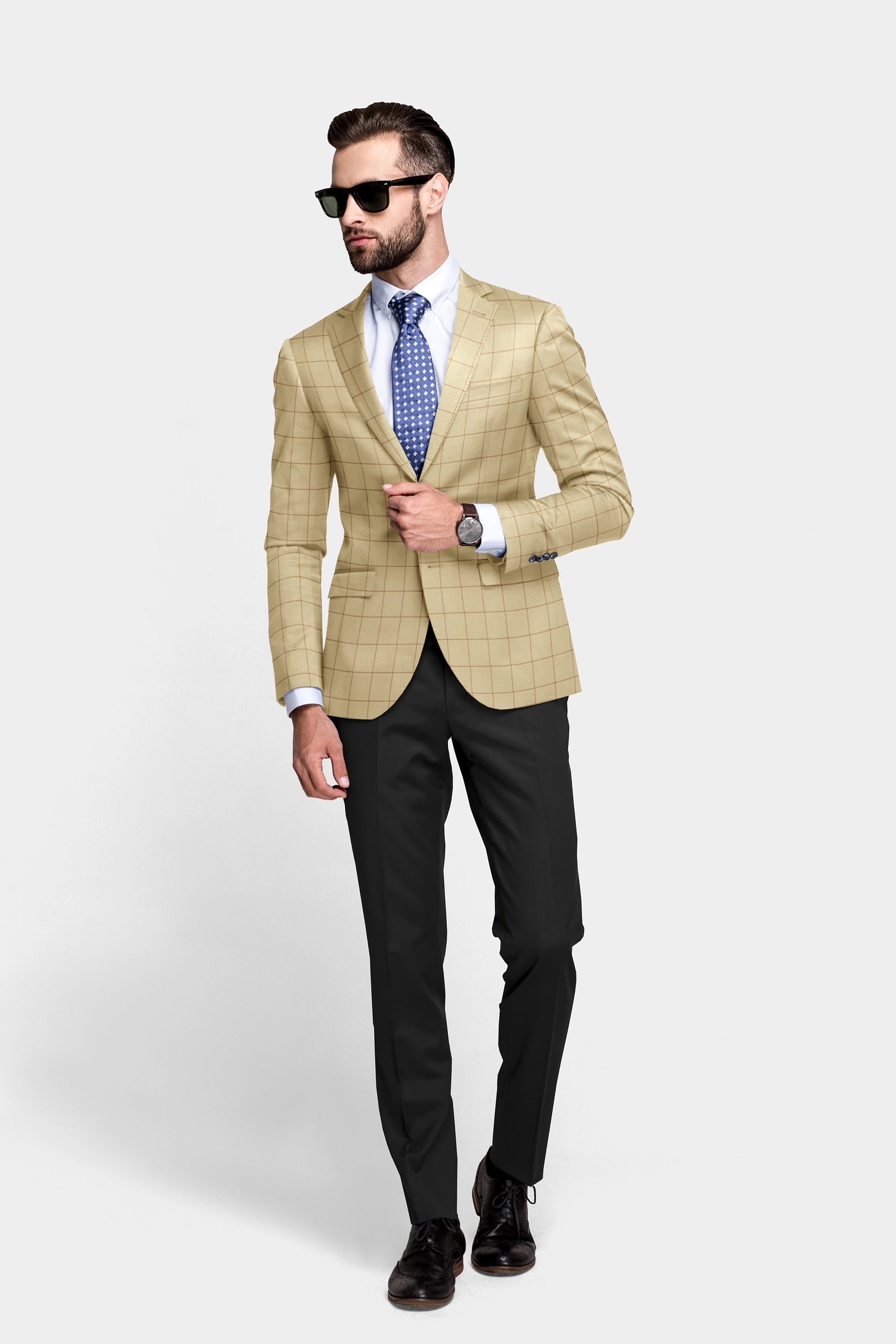 Beige Men's Two Button Dress Party Checks Print Suit Jacket Notched Lapel Slim Fit Stylish Blazer