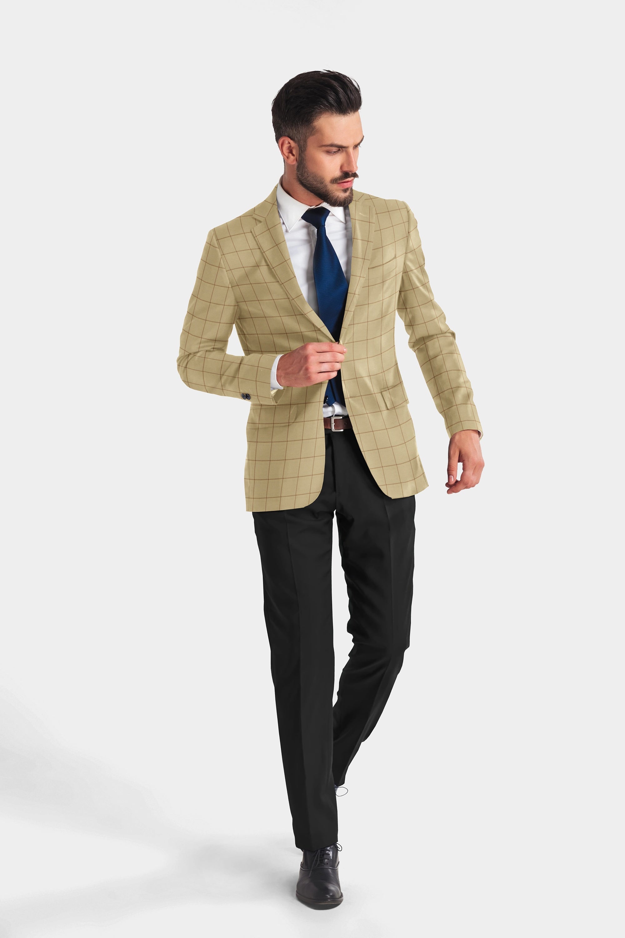 Beige Men's Two Button Dress Party Checks Print Suit Jacket Notched Lapel Slim Fit Stylish Blazer