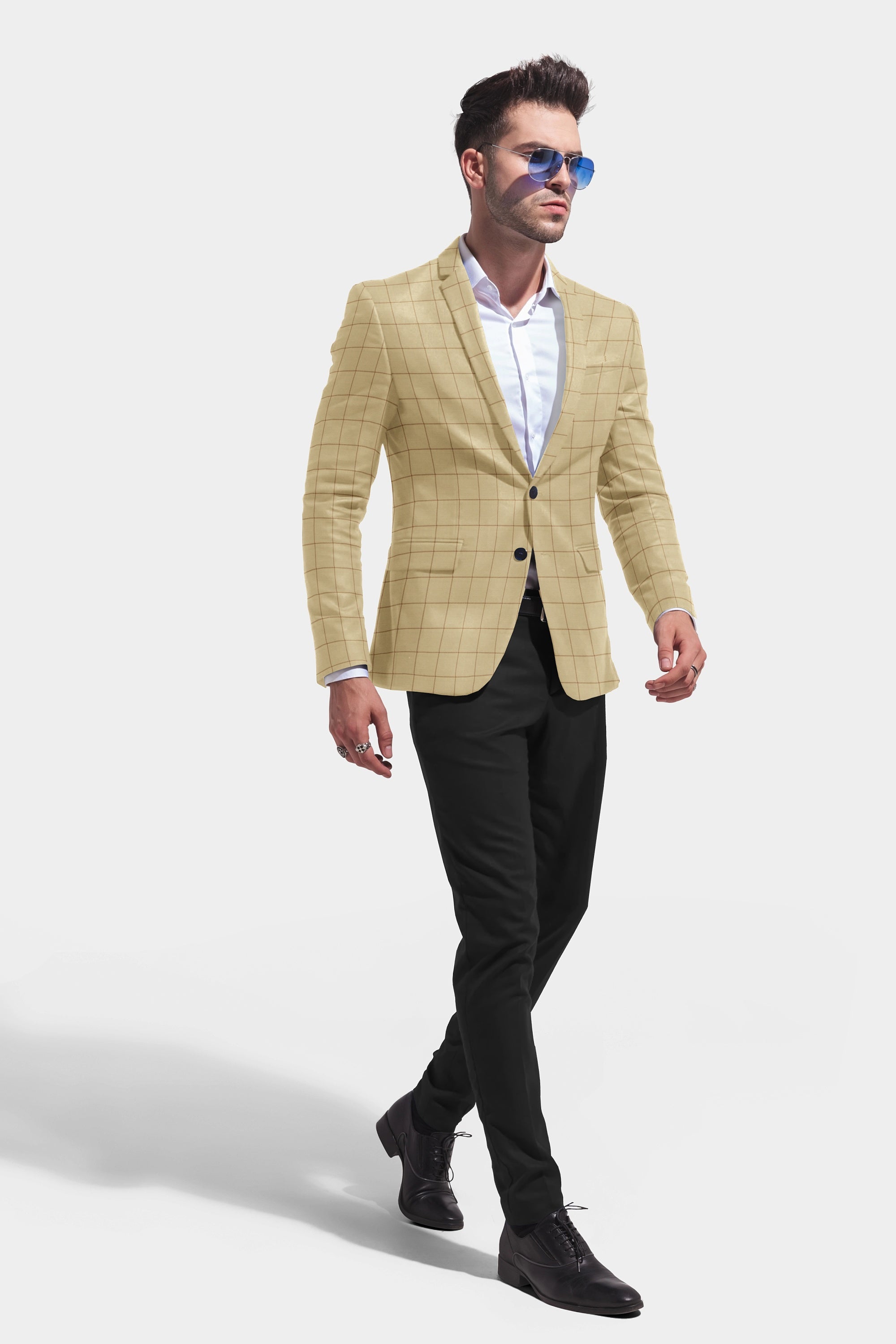 Beige Men's Two Button Dress Party Checks Print Suit Jacket Notched Lapel Slim Fit Stylish Blazer