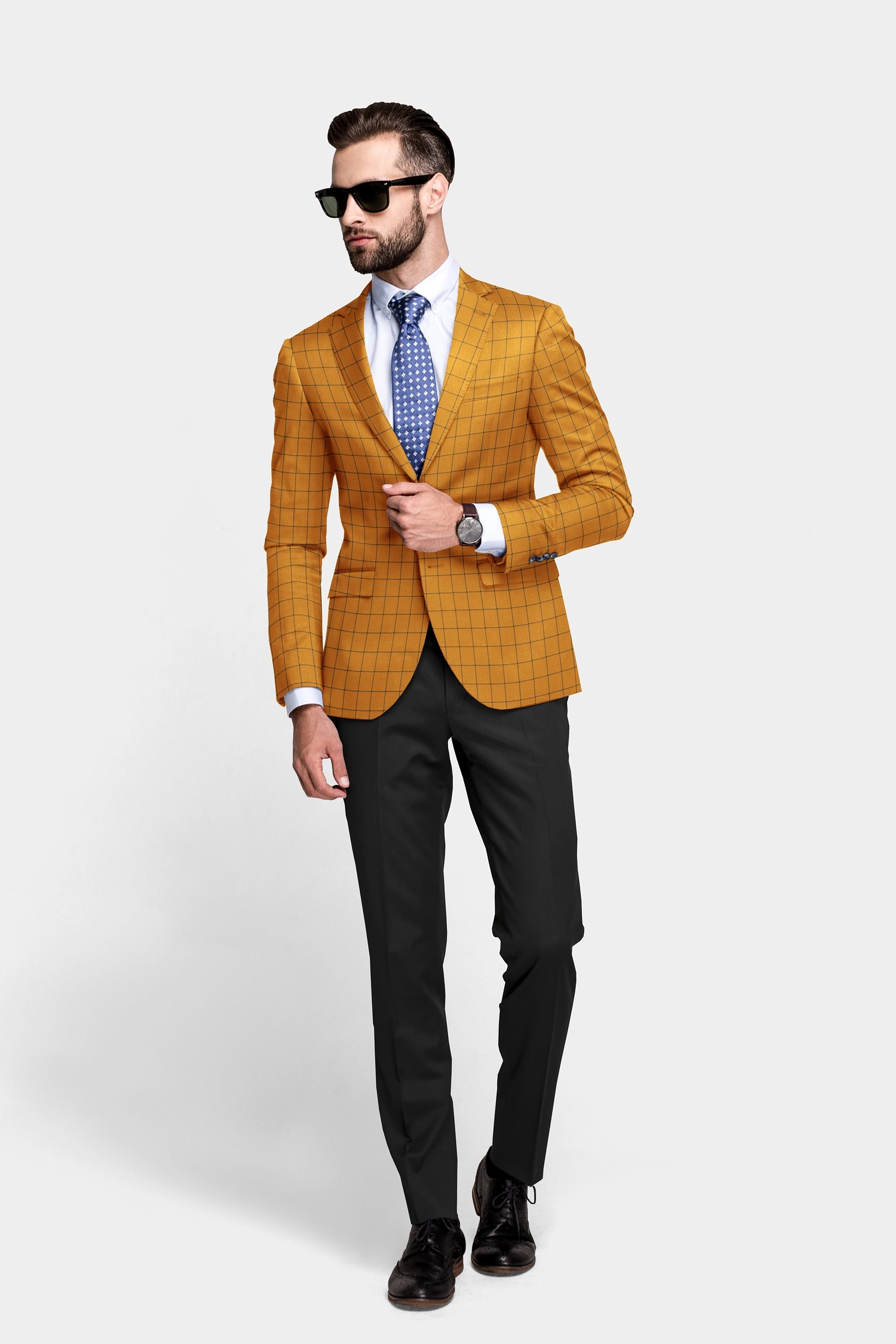 Orange Men's Two Button Dress Party Checks Print Suit Jacket Notched Lapel Slim Fit Stylish Blazer