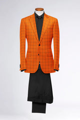 Orange Men's Two Button Dress Party Checks Print Suit Jacket Notched Lapel Slim Fit Stylish Blazer