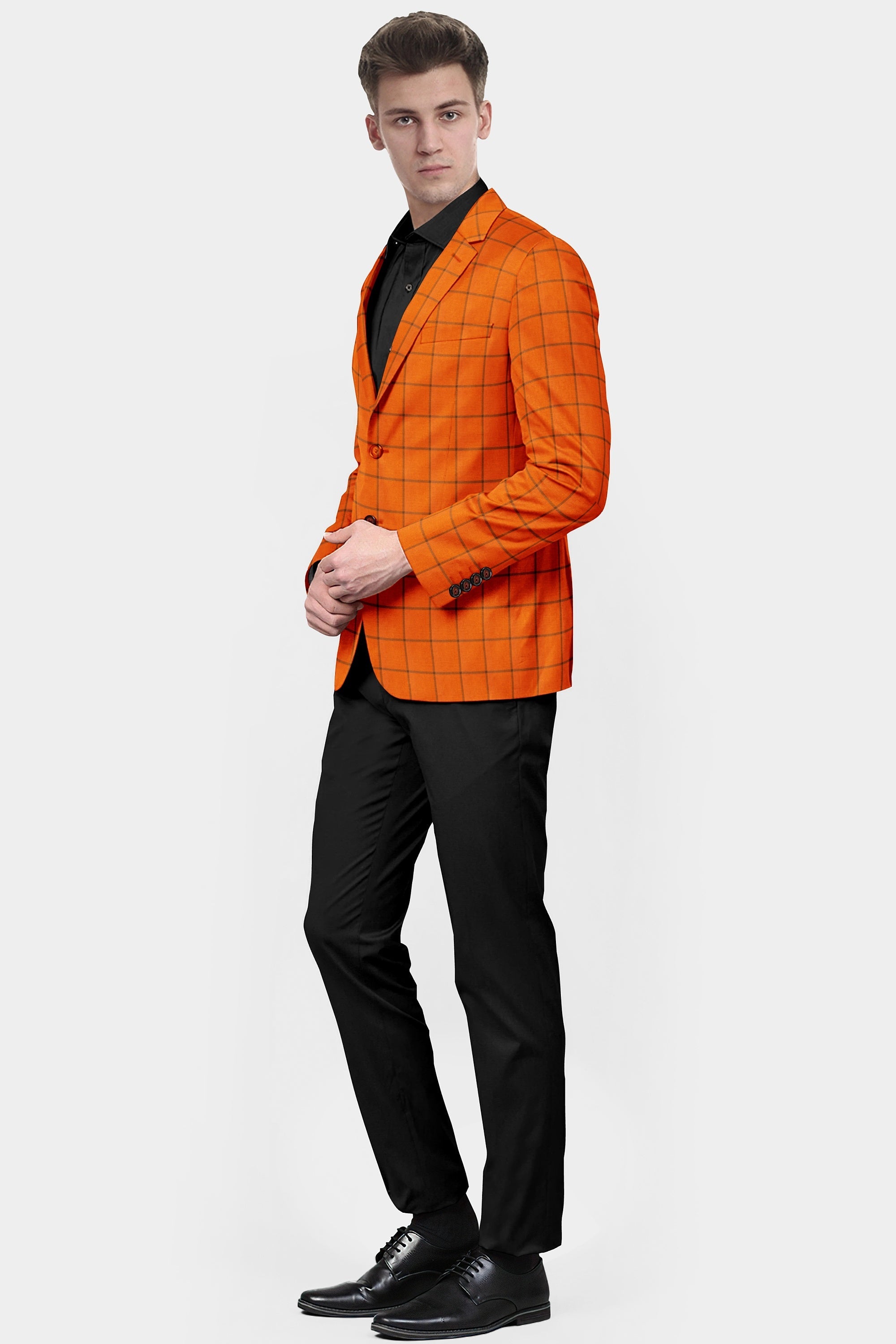 Orange Men's Two Button Dress Party Checks Print Suit Jacket Notched Lapel Slim Fit Stylish Blazer