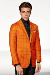 Orange Men's Two Button Dress Party Checks Print Suit Jacket Notched Lapel Slim Fit Stylish Blazer